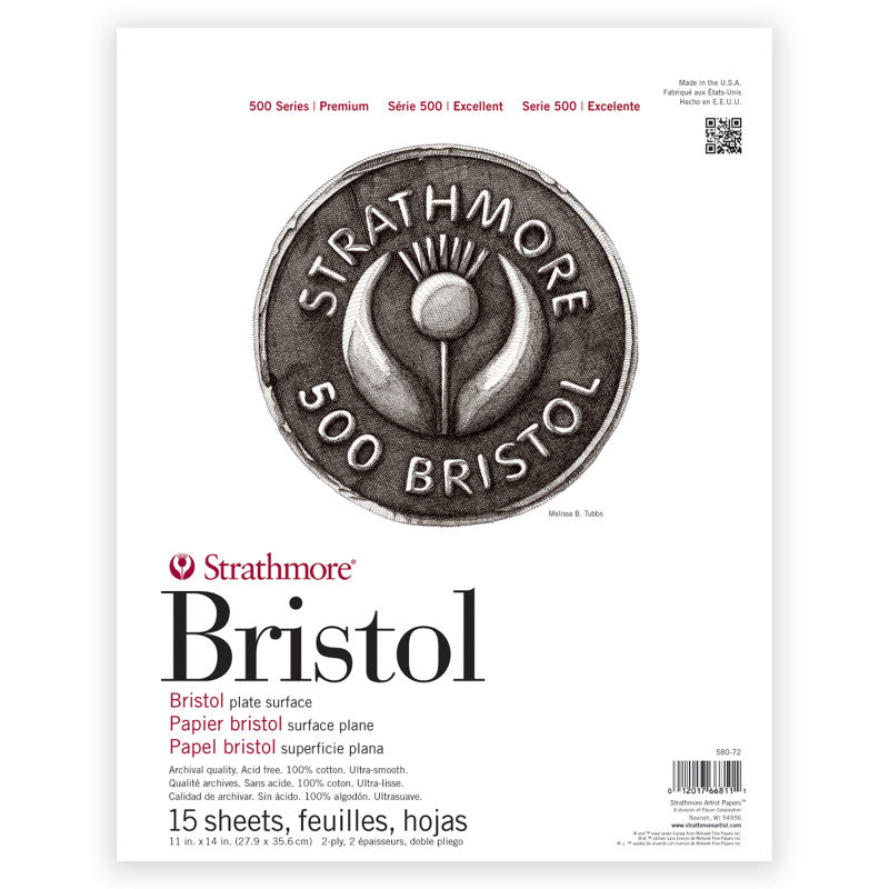 500 Series Bristol Paper Pad, 2-Ply, Plate Finish, Tape Binding, 15 Sheet, 11x14 inch, 1 Count