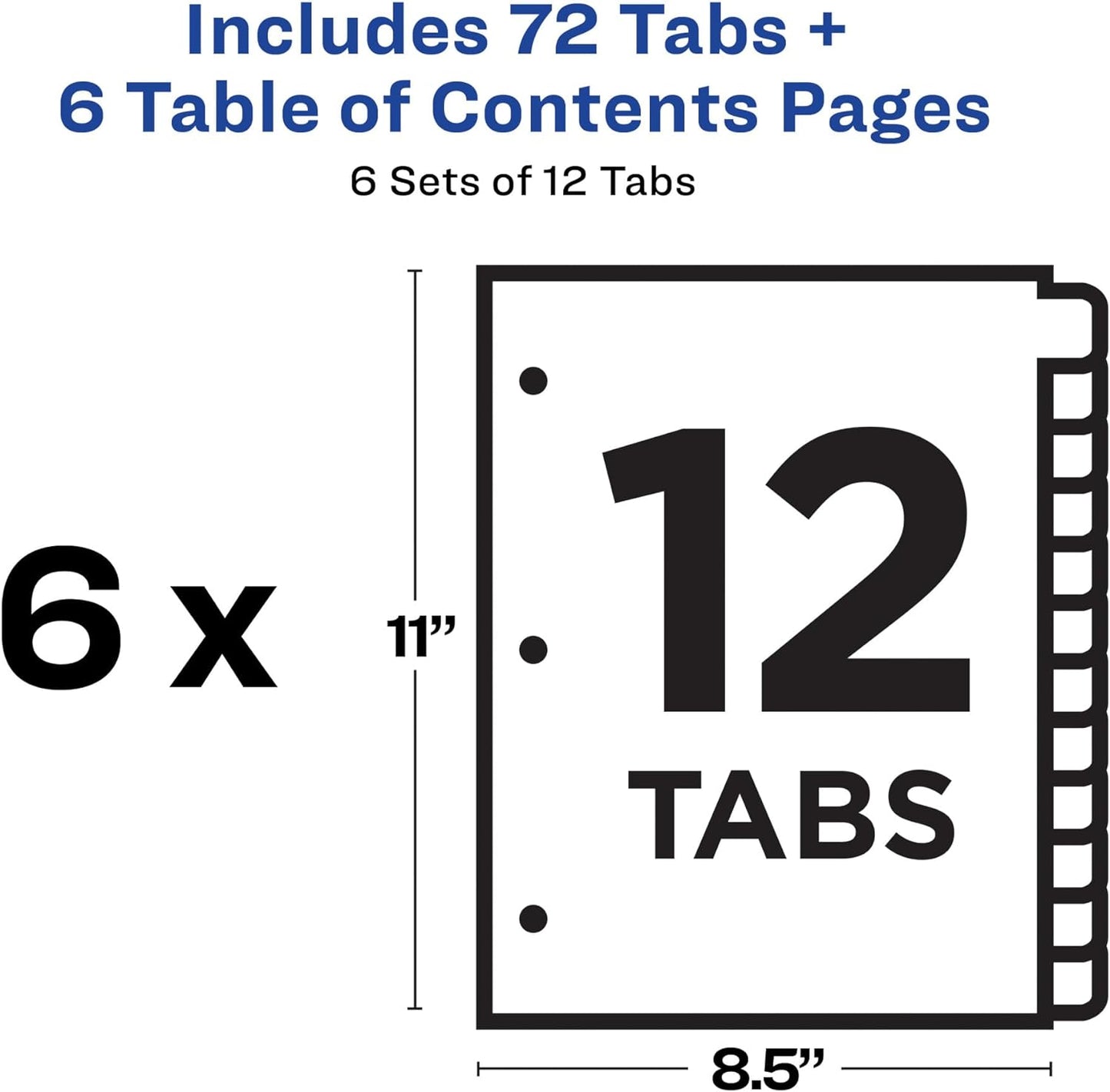 12 Tab Dividers for 3 Ring Binders, Customizable Table of Contents, Multicolor Tabs, 6 Sets (11196)