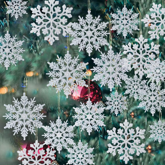 36 Pack Plastic Silver Snowflake Ornaments Christmas Winter Decorations, Hanging Snowflake Decorations for Winter Wonderland Christmas Tree