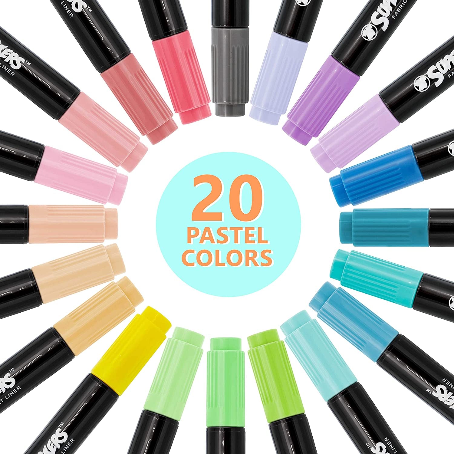 Super Markers 20 Unique Pastel Colors Dual Tip Fabric & T-Shirt Marker Set - Double-Ended Fabric Markers with Chisel Point and Fine Point Tips - 20 Permanent Ink Vibrant and Bold Colors