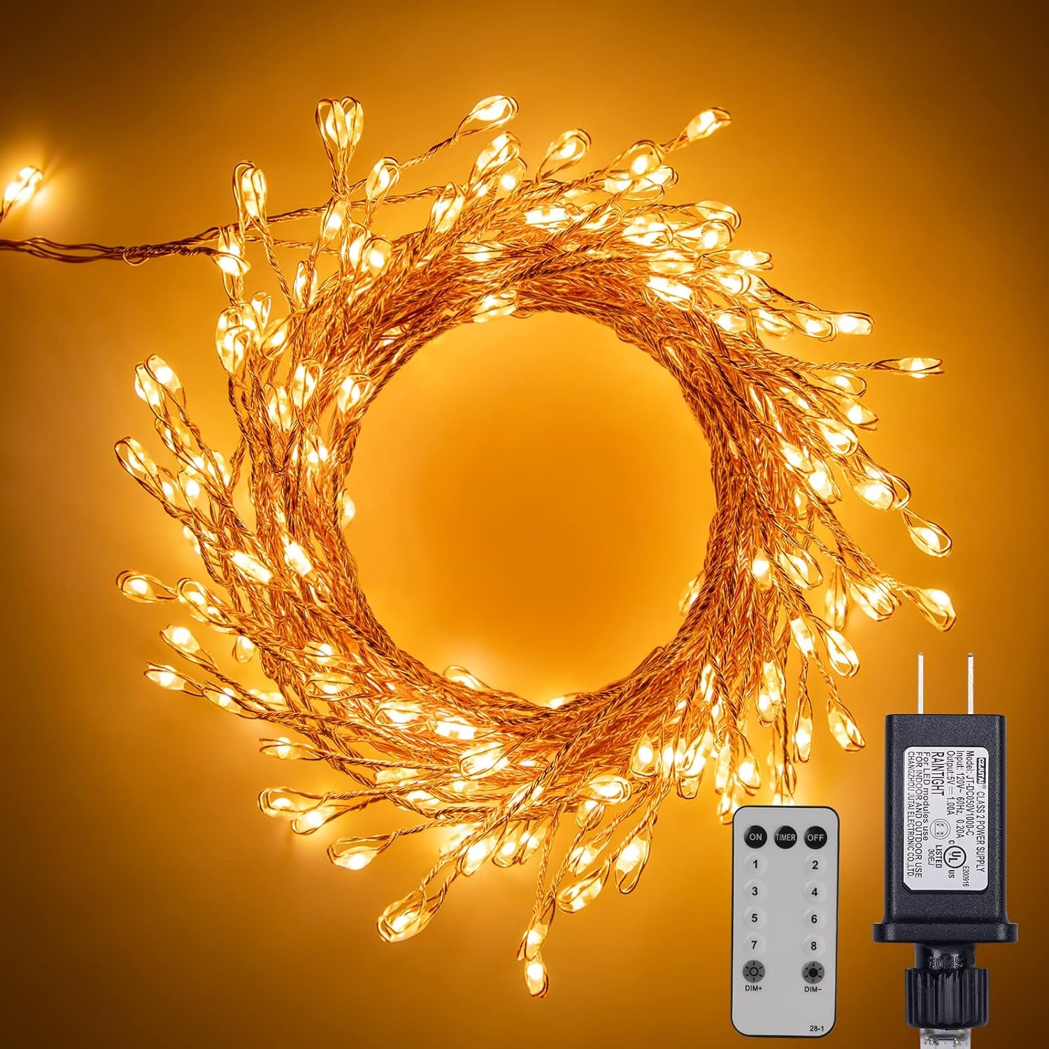 Firecracker Lights with Remote, 10 Feet 200LED Cluster String Fairy Lights Plug In, Waterproof Copper Wire Firefly Lights for Mantle Bedroom Window Weddings Christmas Tree Decoration, Warm White