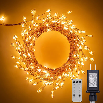 Firecracker Lights with Remote, 10 Feet 200LED Cluster String Fairy Lights Plug In, Waterproof Copper Wire Firefly Lights for Mantle Bedroom Window Weddings Christmas Tree Decoration, Warm White