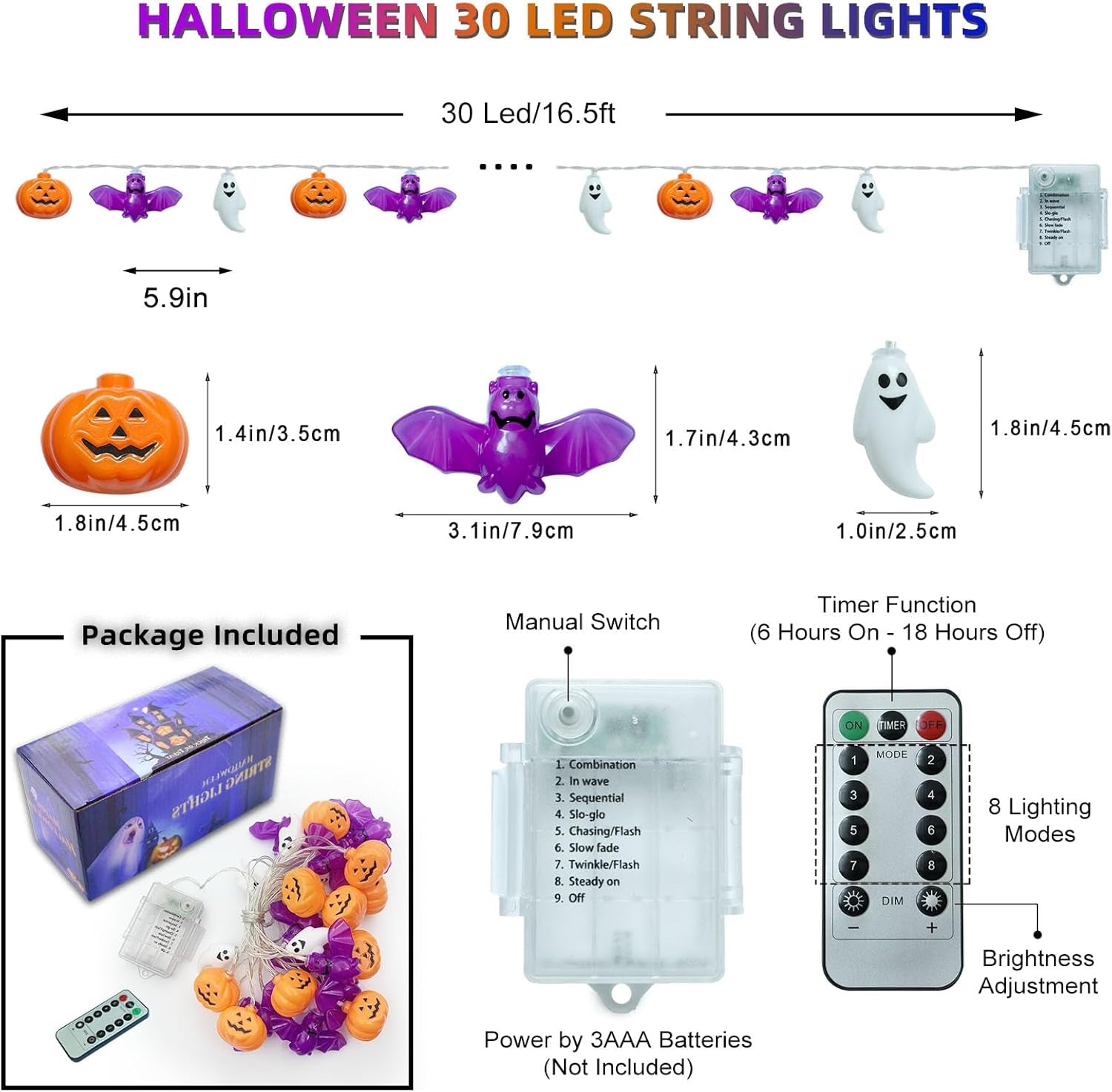 Halloween Lights, 16.4FT 30 LED Pumpkin Bat Ghost Battery Operated Orange and Purple String Lights Strobe 8 Lighting Modes Timer Fairy Indoor Outdoor Window Front Porch Decor Party Decorations