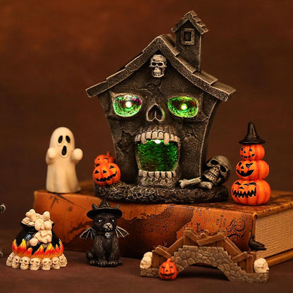 Halloween Skull Head Haunted House Village Figurine Decoration Resin Mansion Lighted Table Decor for Home Kitchen Fireplace Office Desk Indoor Yard Lawn Outdoor Ornaments Party Props