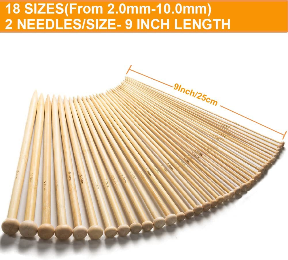 36PCS Bamboo Knitting Needles Set,  Single Pointed Knitting Needles, 9 Inches Length Knitting Crochet Supplies for Beginners Handmade (18 Sizes from 2.0Mm-10.0Mm)