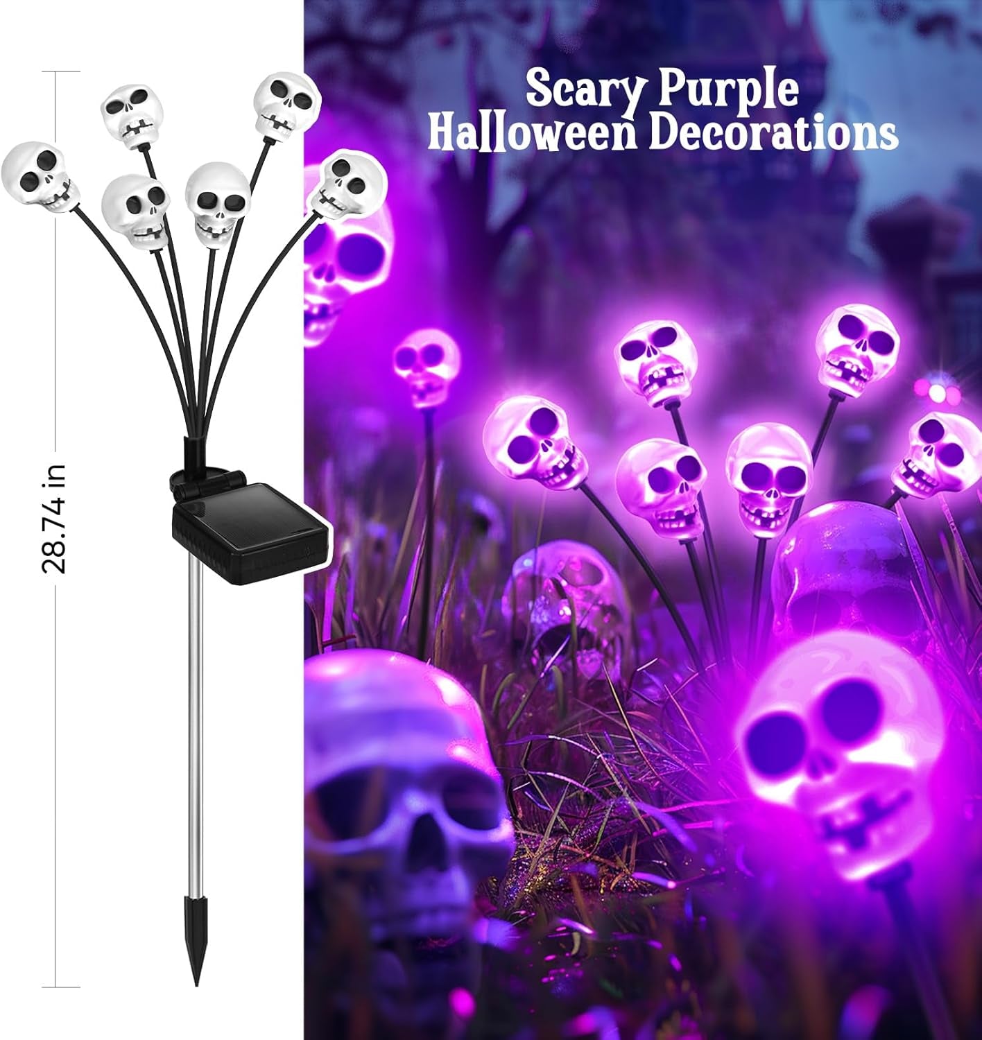 Halloween Decorations Outdoor: 4 Pack 24 LED Scary Halloween Decorations, Skull Solar Halloween Lights Outdoor Waterproof, Solar Firefly Halloween Lights for outside Yard Patio Walkway Garden Decor