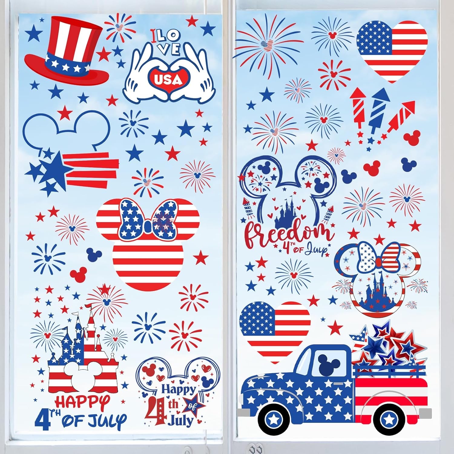 4Th of July Window Clings, 9Sheets Mouse American Flag Window Cling Patriotic Window Decorations for Memorial Day Window Decorations Independence Day Window Stickers Supplies