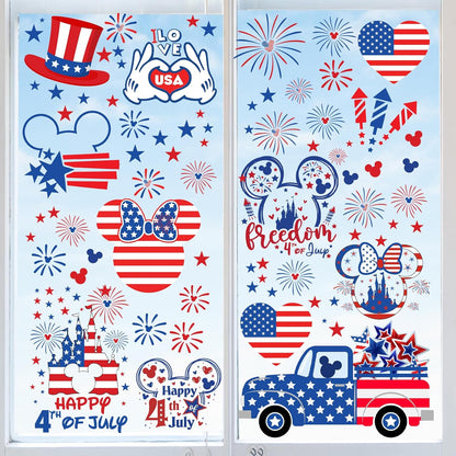 4Th of July Window Clings, 9Sheets Mouse American Flag Window Cling Patriotic Window Decorations for Memorial Day Window Decorations Independence Day Window Stickers Supplies