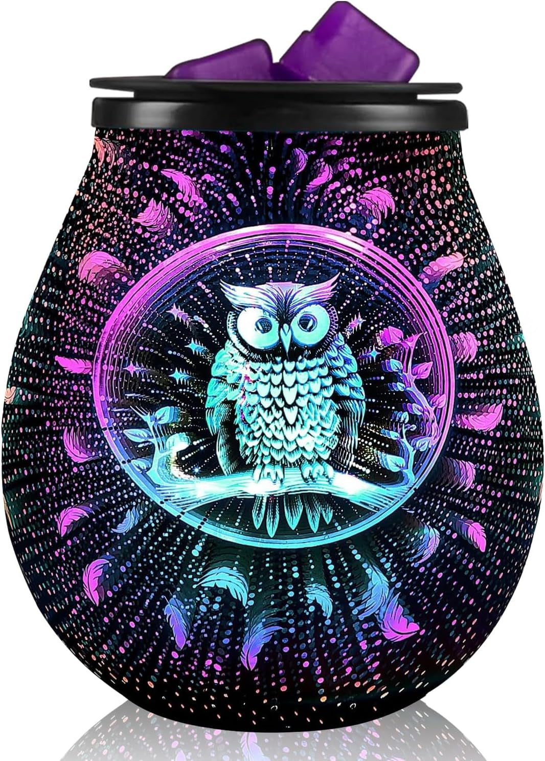 3D Glass Fireworks Electric Wax Melt Warmer with PTC Heating Plate 7 Colors LED Changing Light Wax Burner Melter Fragrance Warmer for Home (Owl)