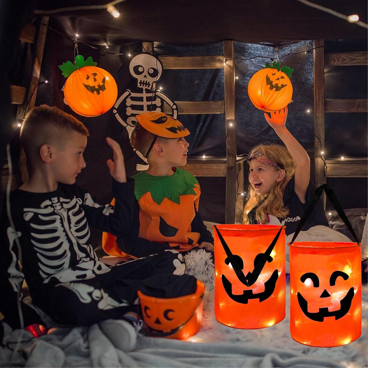 3 Pcs LED Light Halloween Candy Bags for Kids Light up Multipurpose Halloween Trick or Treat Bucket with Pumpkin Smile Face for Halloween Party Favors Goodie Bags,Orange