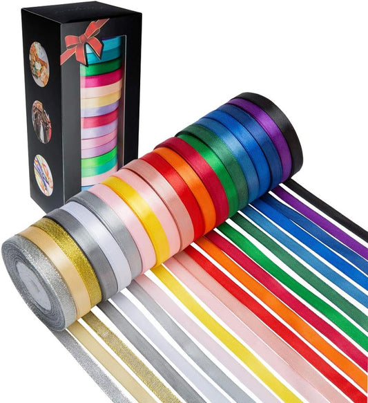 300 Yard Satin Ribbon -18 Silk Ribbon Rolls & 2 Glitter Metallic Ribbon Rolls, 2/5" Wide 15 Yard/Roll, Ribbons Perfect for Gift Wrapping, Wedding, Party Decoration and More