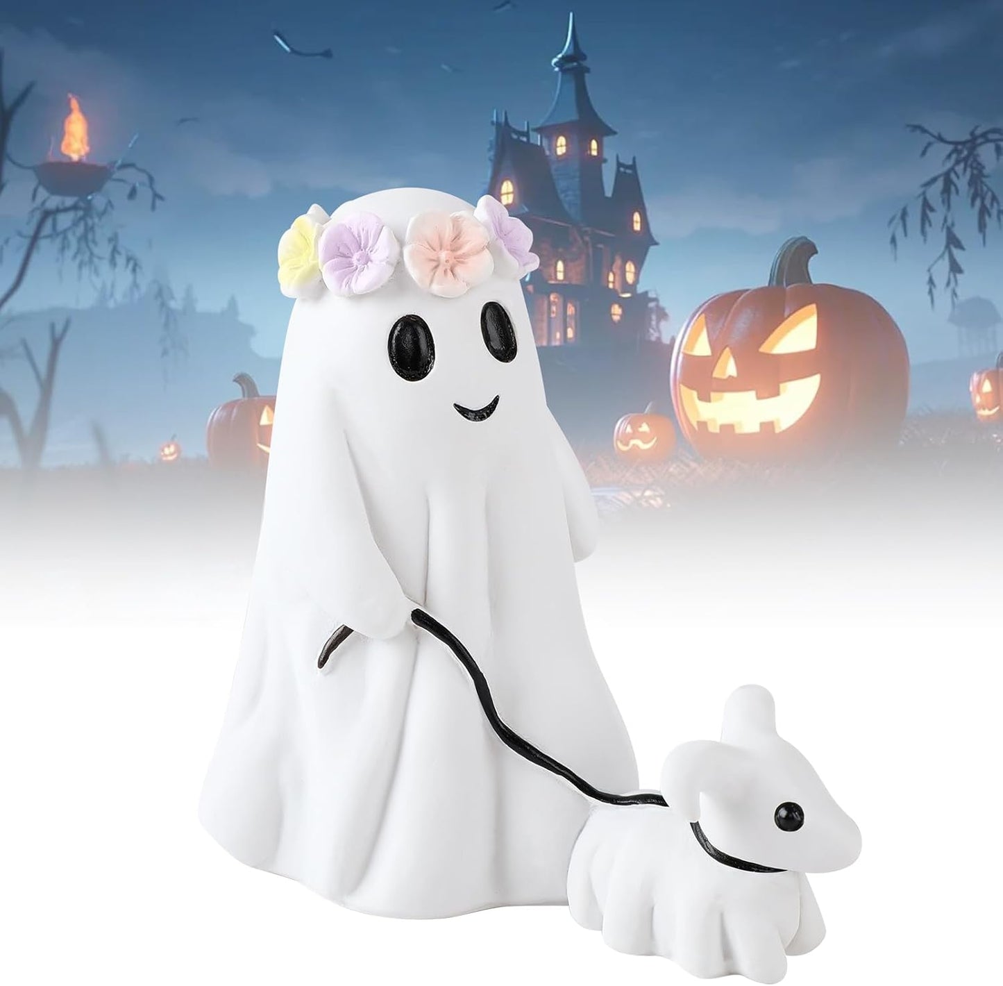 Halloween Ghost Walking Dog Statue, Cutest Ghost Walking Dog, Spooky Ghost Dog Halloween Figurine for Indoor Halloween Decor (Boy 6")