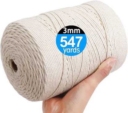 Macrame Cord 4Mm X 547Yards, Natural Cotton Macrame Rope - 4 Strands Twisted Macrame Cotton Cord for Wall Hanging, Plant Hangers, Crafts, Gift Wrapping and Wedding Decorations（4Mmx500M）
