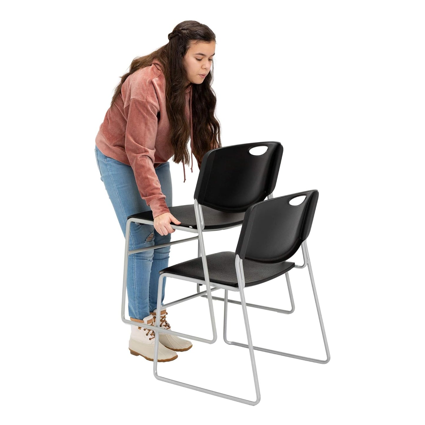 Heavy-Duty Plastic Stacking Chairs with Contoured Backs, Stackable Office and Waiting Room Chairs, Set of 4, Charcoal