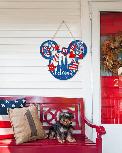 4Th of July Door Sign Mouse Shaped Decorations, Patriotic Stars USA Wooden Signs, American Flag Welcome Hollow Out Wood Hanging Sign for Front Door Decor, Independence Day Party Home Wall Decor