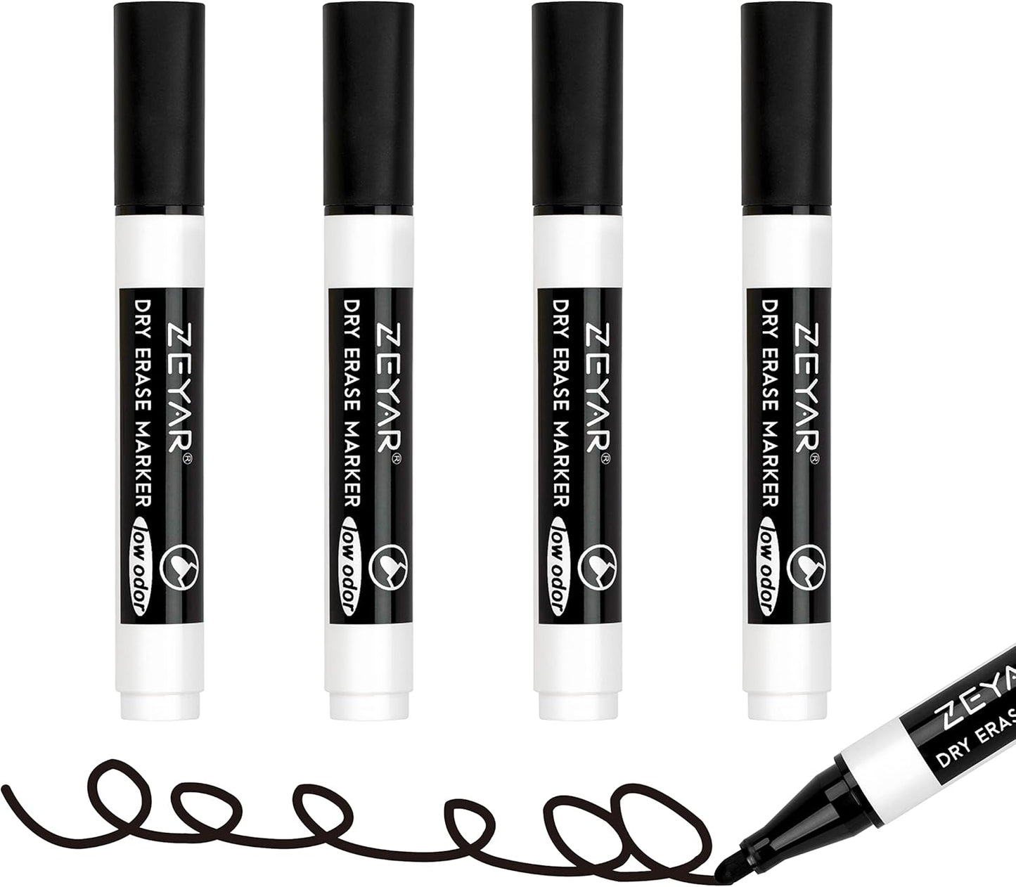 Low Odor Dry Erase Marker, Bullet Tip White Board Marker, 4 Count (4 Black)