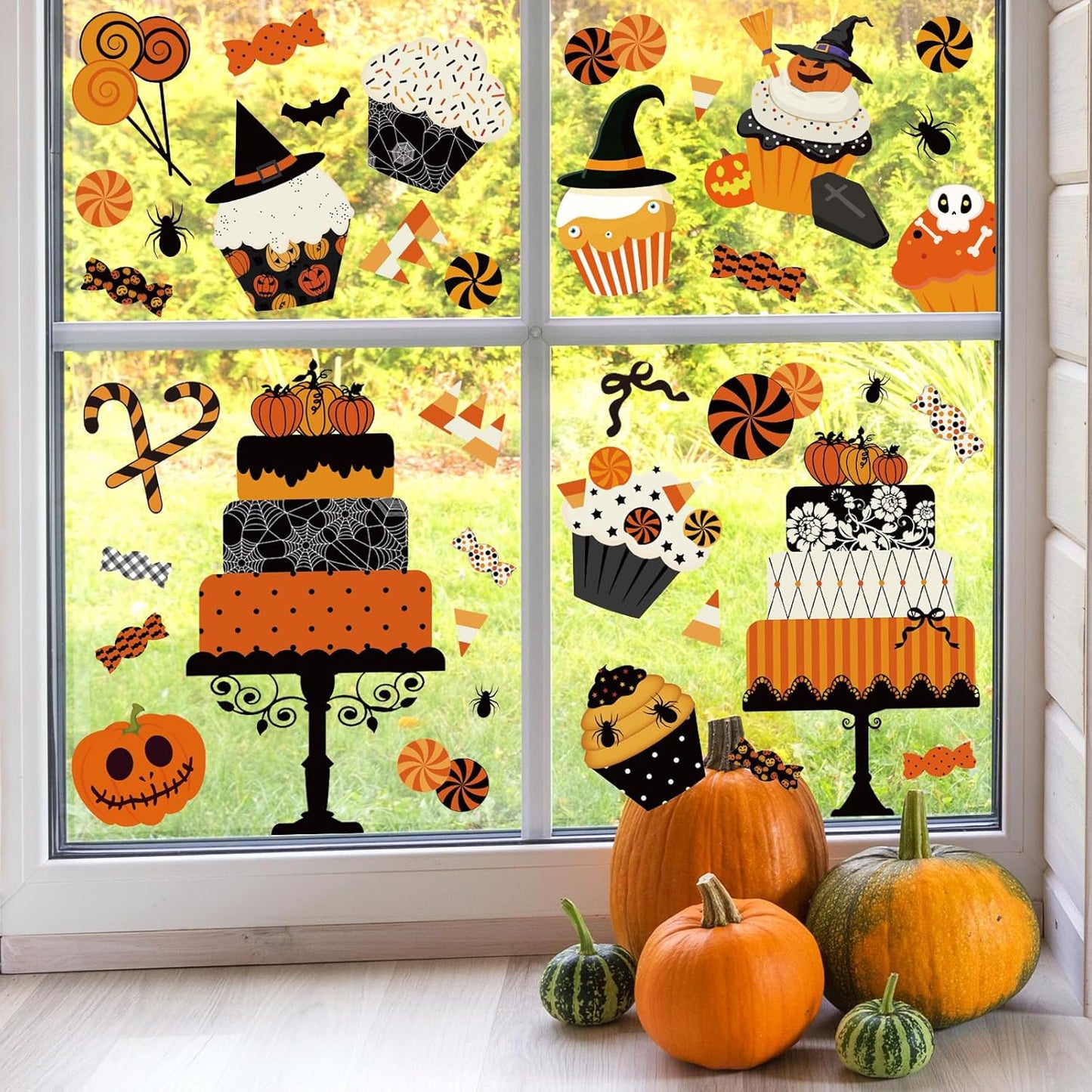 Halloween Window Cling Stickers Pumpkin Cake Cupcake Candy Double-Sided Reusable Window Decals for Birthday Baby Shower Party Home Classroom Decor, 4 Sheets