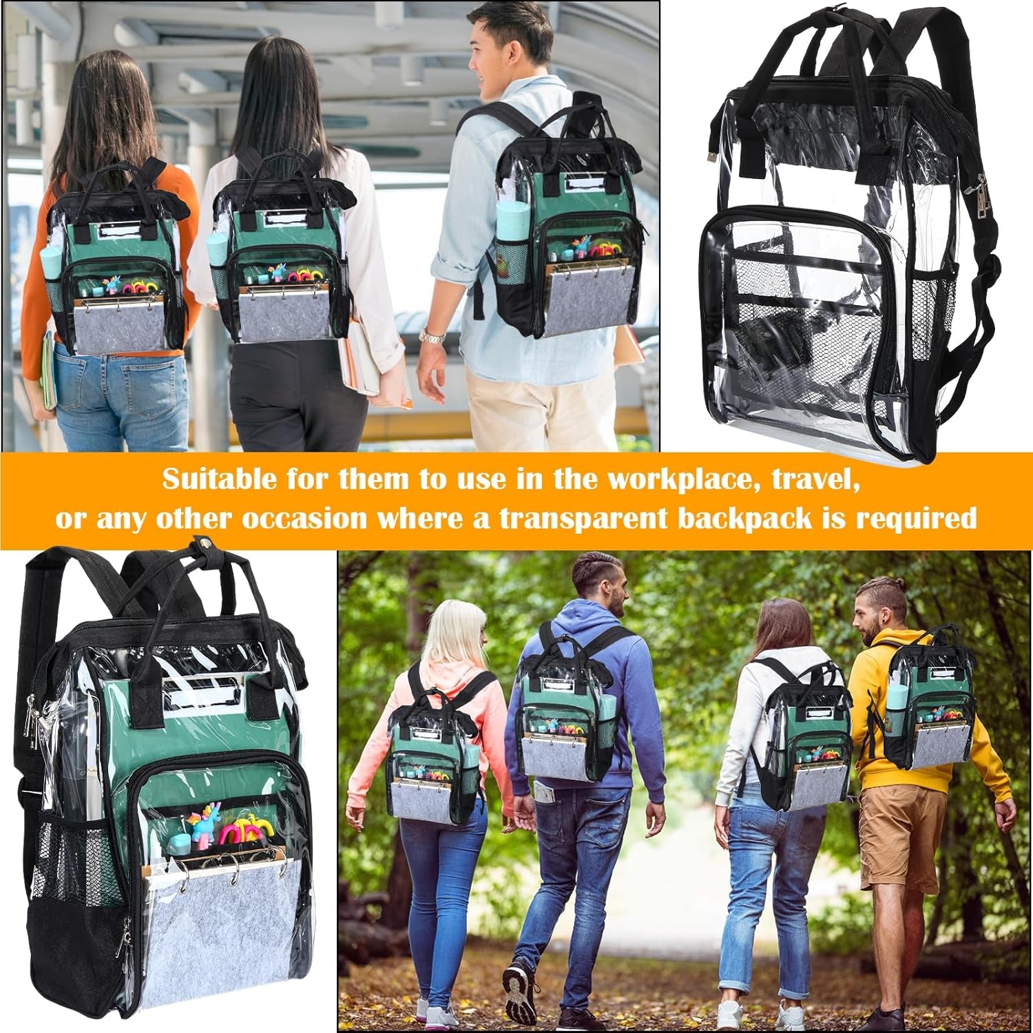 12 Pcs Heavy Duty Clear Backpack 15" Clear Stadium Backpack Stadium Approved Large Transparent Backpacks for School Donation, Stadium Events Supplies(Black)