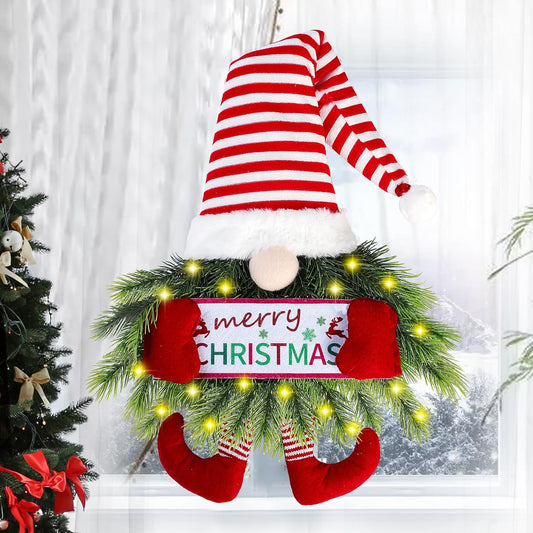 Christmas Wreath Gnome Wreath with Lights Santa Gnome Christmas Hanging Sign Front Door Decoration Artificial Pine Spruce Wreath Swedish Tomte Wall Décor for Indoor Outdoor Home Xmas Porch