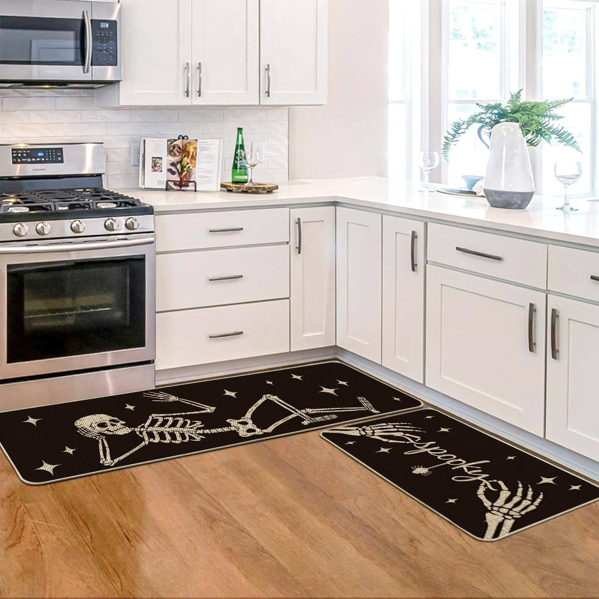 Spooky Skeleton Spider Bone Black Halloween Kitchen Mats Set of 2, Black Home Decor Low-Profile Kitchen Rugs for Floor - 17X29 and 17X47 Inch