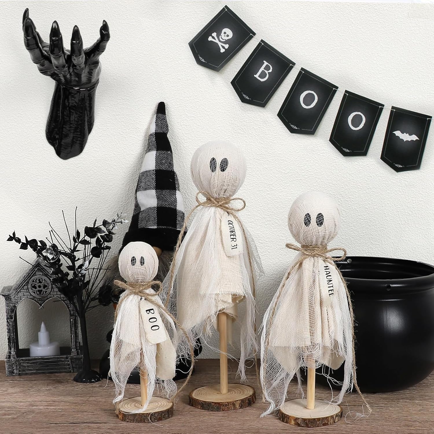 Halloween Decorations Indoor - Primitive Halloween Ghosts on Wooden Stand for Table Centerpieces, Shelves, and Mantels - Spooky Halloween Decor