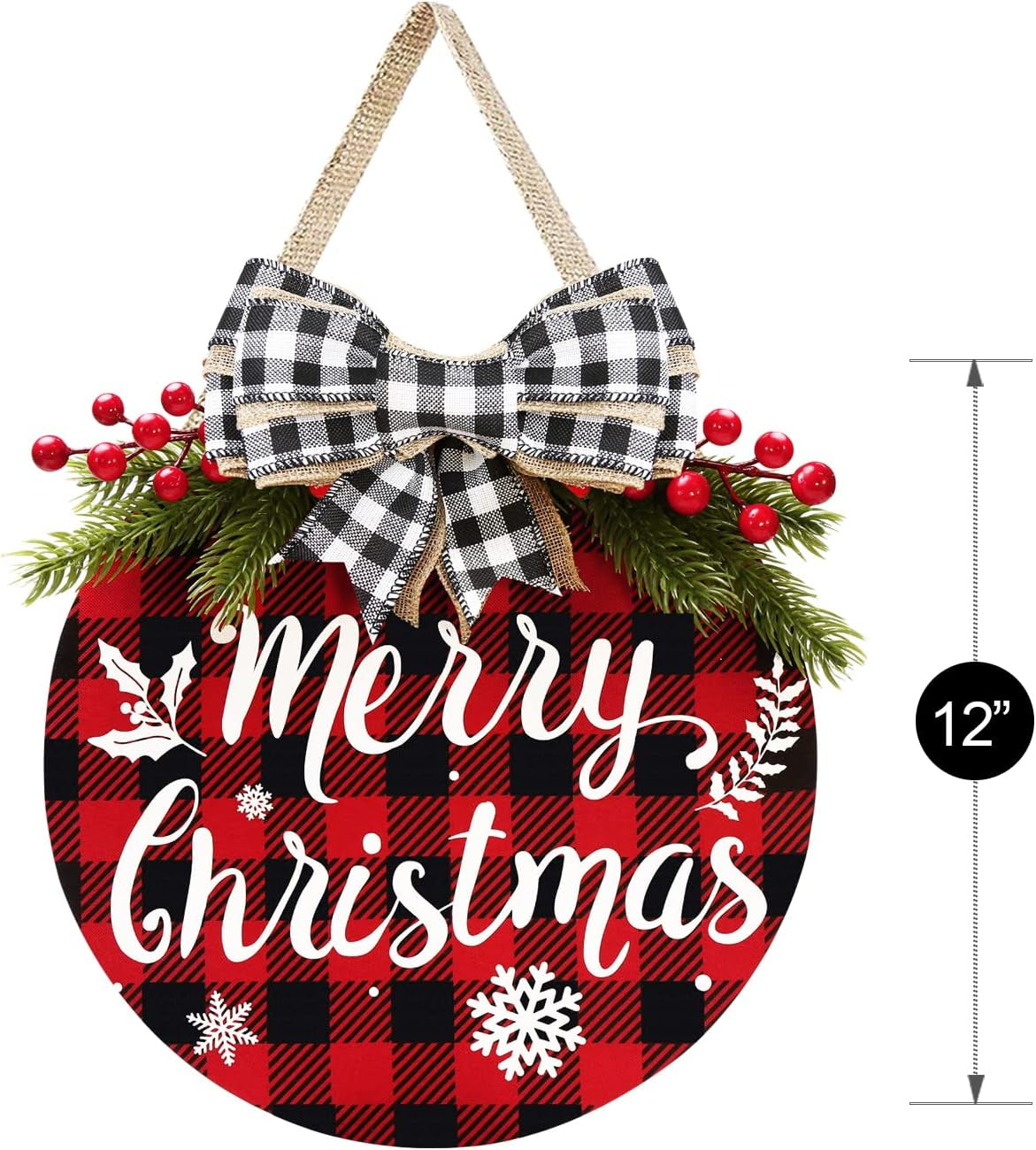 Christmas Decorations - Buffalo Plaid Xmas Wreath - Winter Wreaths Merry Christmas Sign for Holiday Rustic Farmhouse Front Door Porch Wall Window outside Decorations