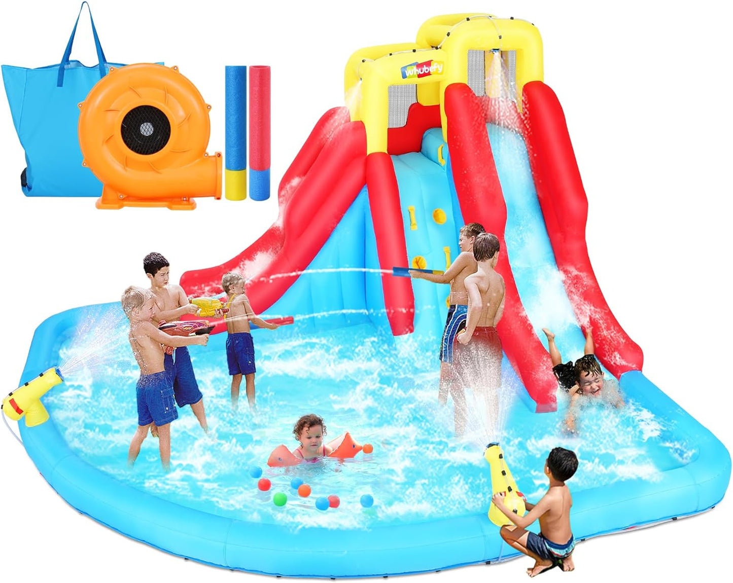 Inflatable Water Slides for Kids 8-In-1 Bounce House Water Park with 450W Blower Climbing Wall, Splash Pool, 2 Water Cannons, Basketball Hoop, Water Slide, Crocodile Sprinkler for Gift Backyard Party