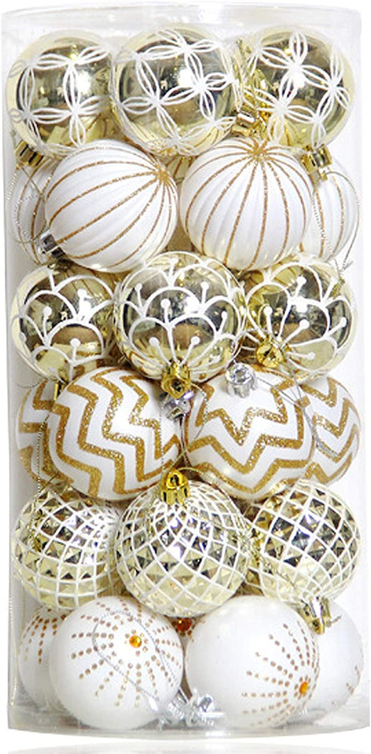 30PCS Christmas Balls Ornaments,60Mm Gold&White Painted Shatterproof Festive Wedding Hanging Ornaments Christmas Tree Decoration