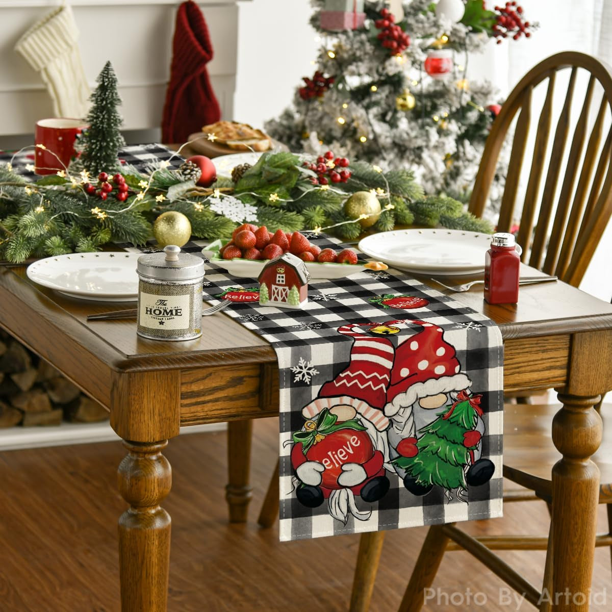 Buffalo Plaid Gnome Bell Xmas Tree Christmas Table Runner, Seasonal Winter Kitchen Dining Table Decoration for Home Party Decor 13X72 Inch