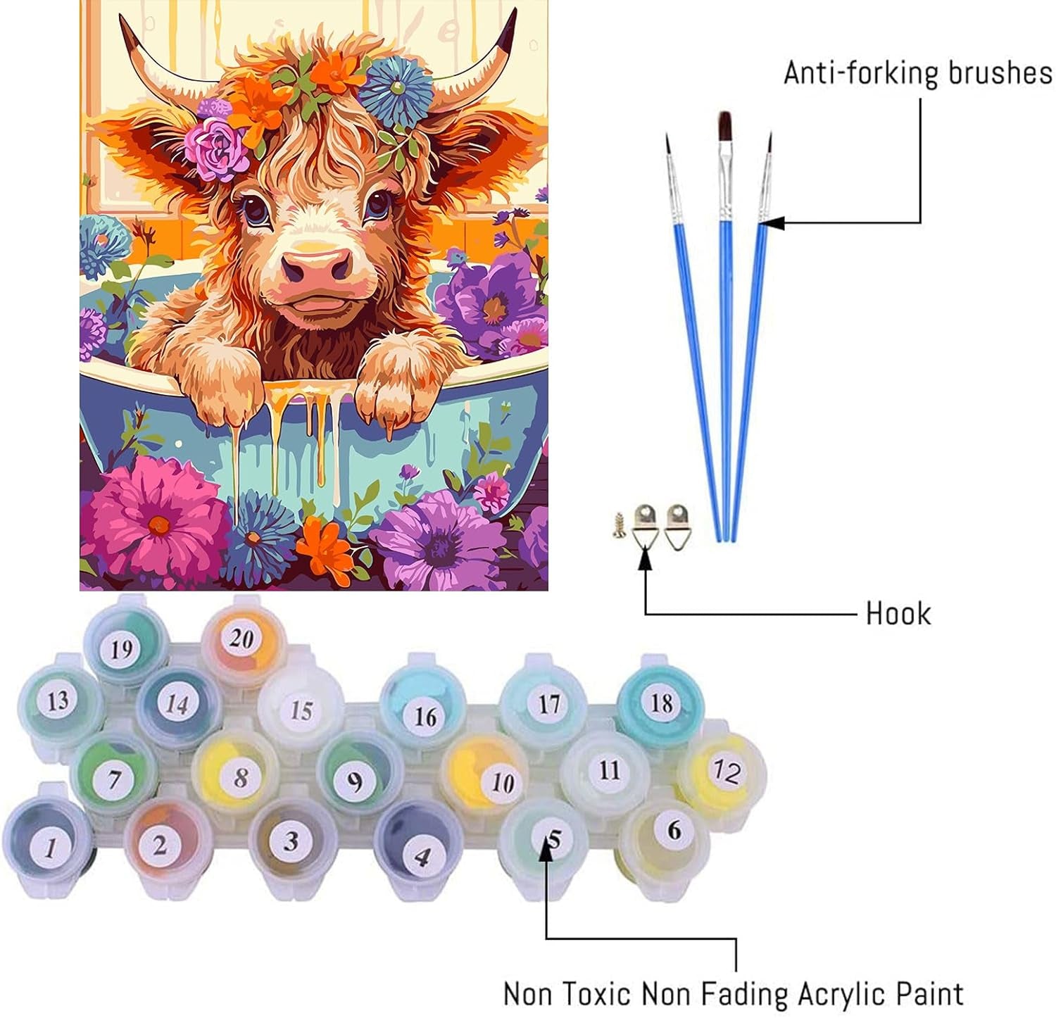 Cow Paint by Numbers for Adults- Highland Cow Flower Paint by Numbers for Adults Beginners, Acrylic Simple Paint by Number Canvas for Gift Decoration (16X20 In)