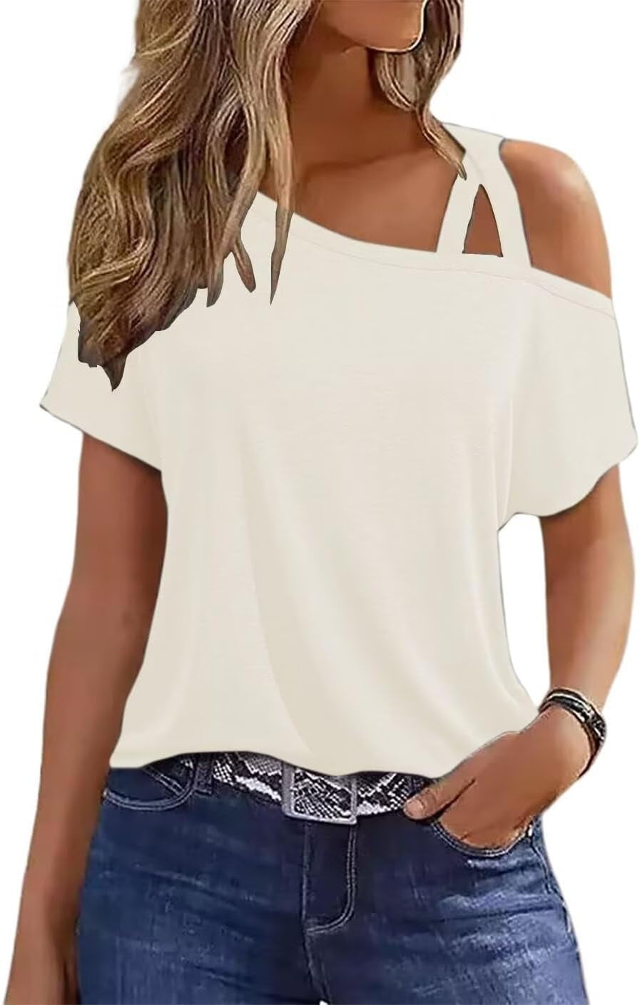 Criss-Cross One Shoulder Tops Sexy Cold Shoulder Shirts Summer Short Sleeve T-Shirts Vacation Loose Casual Tees