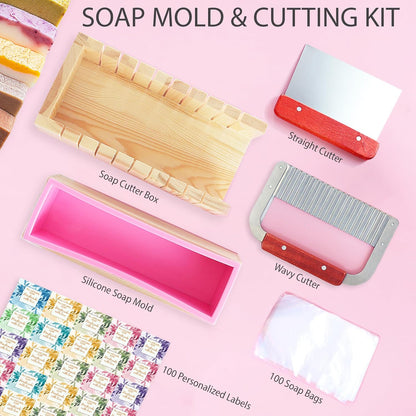 Soap Molds for Soap Making - Soap Making Supplies with Soap Cutters for Soap Making Kit, Silicone Soap Molds with Wooden Box, Wavy and Straight Scraper, Personalized Labels and Plastic Bags