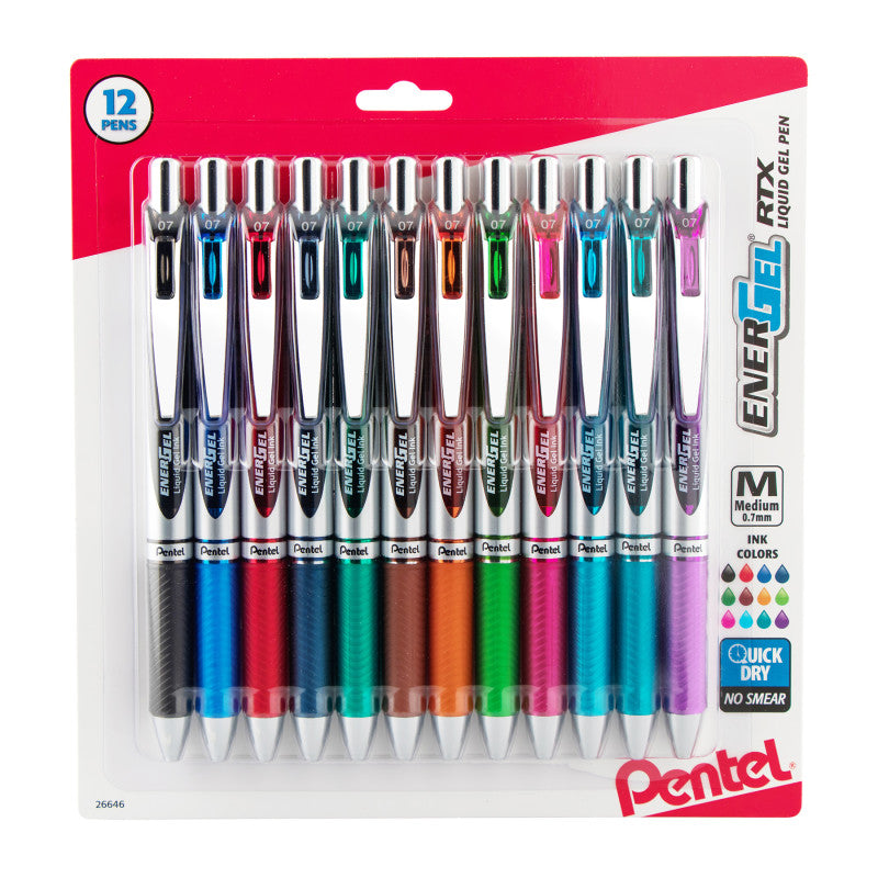 EnerGel RTX Retractable Liquid Gel Pen, (0.7mm) Medium Line, Assorted Ink, 12-Pack