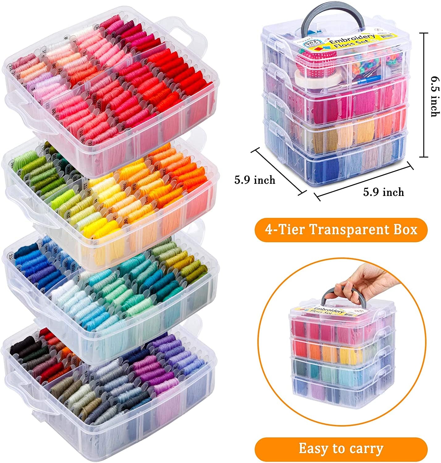 403 Pack Embroidery Floss Set, 250 Colors Cross Stitch Friendship Bracelet Thread with 153 Pcs Cross Stitch Tool, 4-Tier Transparent Box for Storage