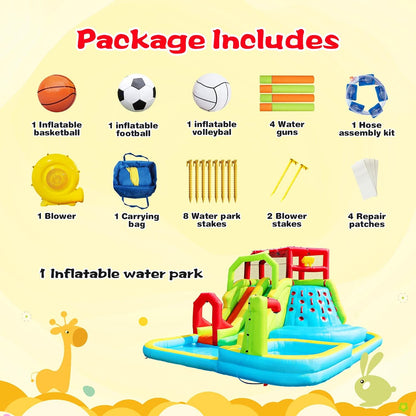 Inflatable Water Slide Park with Splash Pool Climb the Wall, 3 Inflatable Sport Balls and 4 Water Guns, Water Slide with Air Blower
