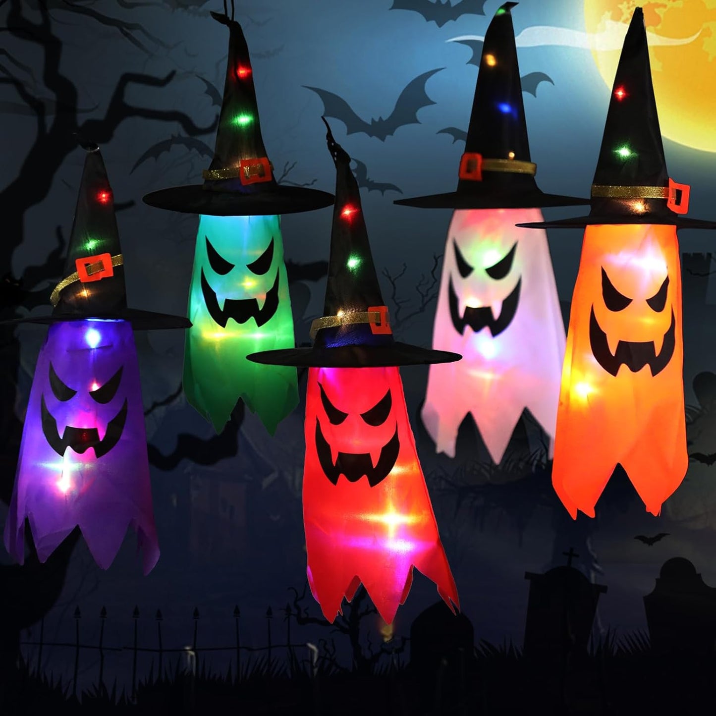 Halloween Decorations Outdoor, Halloween Hanging Light Witch Hats Ghost Decor,String Lights Suitable for Indoor outside Yard Tree Garden Porch Waterproof Halloween Ghost Lights（5Pcs）