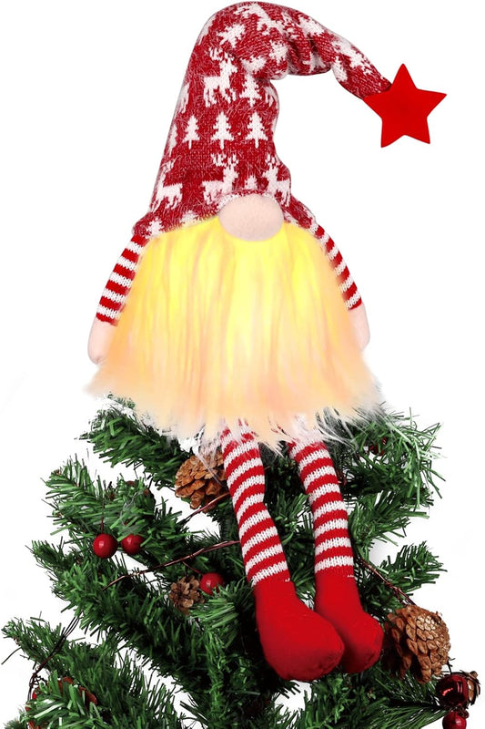 Christmas Tree Topper with Lights,Gnome Tree Topper Lighted Christmas Tree Topper 24 Inch Gnomes Christmas Tree Decorations, Christmas Home Decor-Red