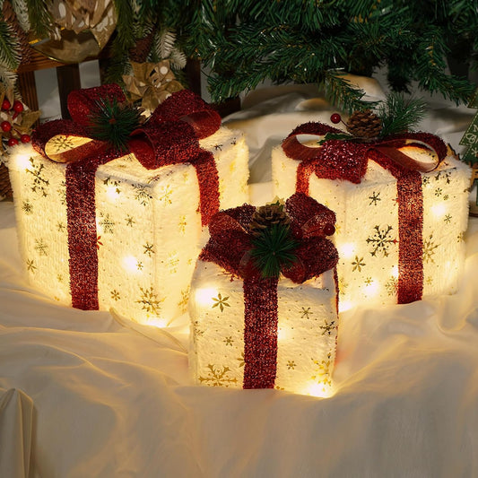 Christmas Lighted Gift Boxes, Set of 3 Christmas Decorations for Home, Light up Christmas Ornaments, Warm White LED with Bows for Indoor Party Holiday, Christmas Decor(Plush)