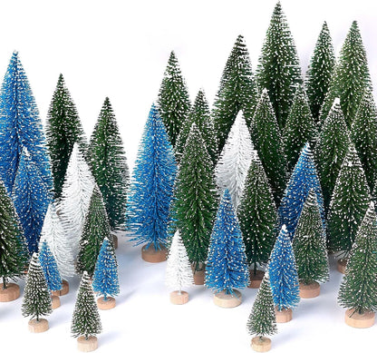 30Pcs Mini Christmas Trees Artificial Christmas Tree Bottle Brush Trees with Wooden Base for Christmas Decor Christmas Party Home Table Craft Decorations(Green+Blue+White)