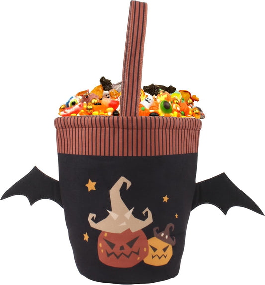 Halloween Candy Trick or Treat Goodie Bags Kids Pumpkin Bucket Basket with Handle Large Reusable Multipurpose Canvas Tote Bag Halloween Gifts Party Favors Supplies for Kids,Black