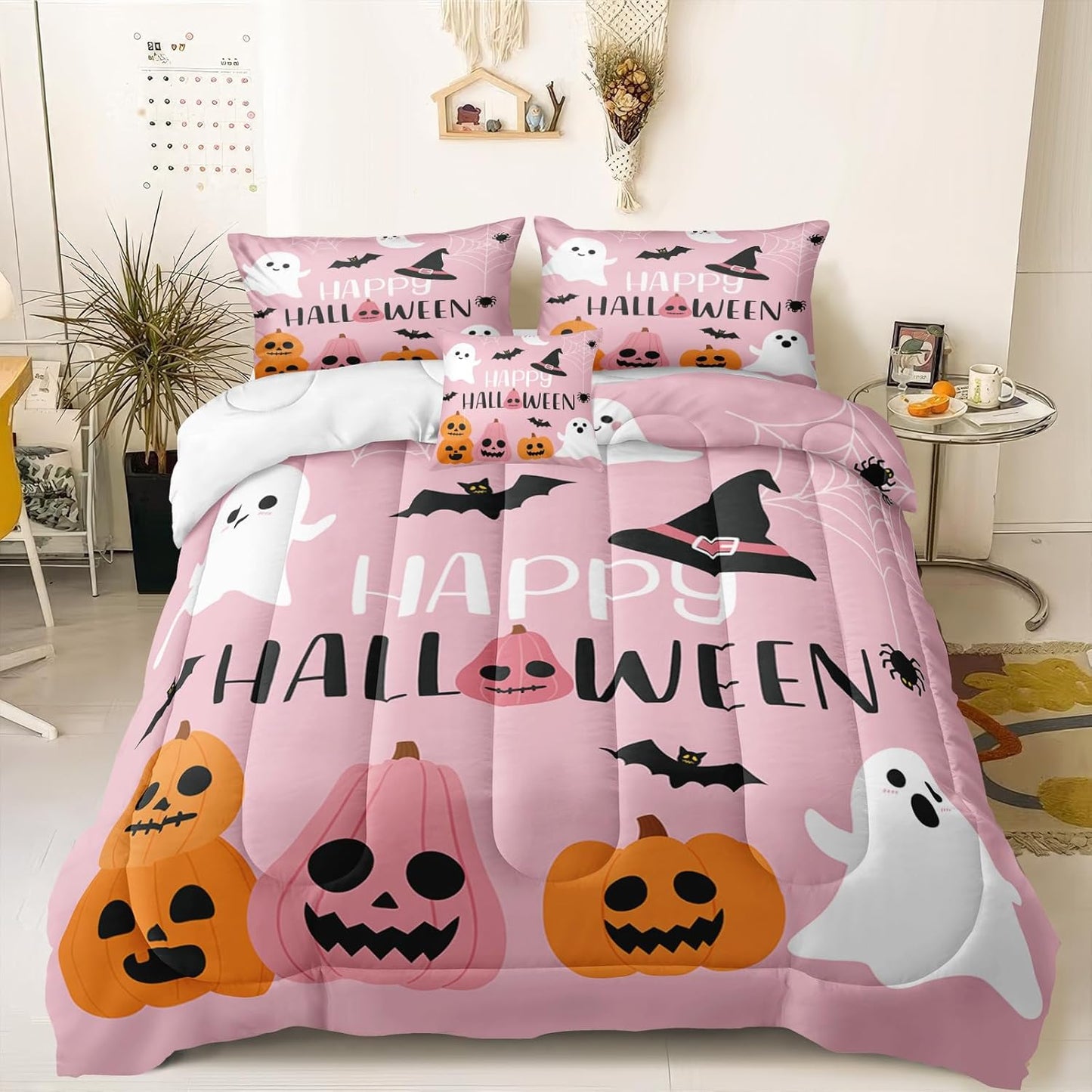 Pumpkin Ghost Comforter Set Girls Pink Halloween Bedding Set Orange Pumpkin White Ghost Bat Spider Cute Cartoon Bedding Kids Teens Happy Halloween Bed Set King Size