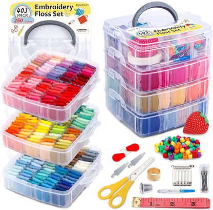 403 Pack Embroidery Floss Set, 250 Colors Cross Stitch Friendship Bracelet Thread with 153 Pcs Cross Stitch Tool, 4-Tier Transparent Box for Storage