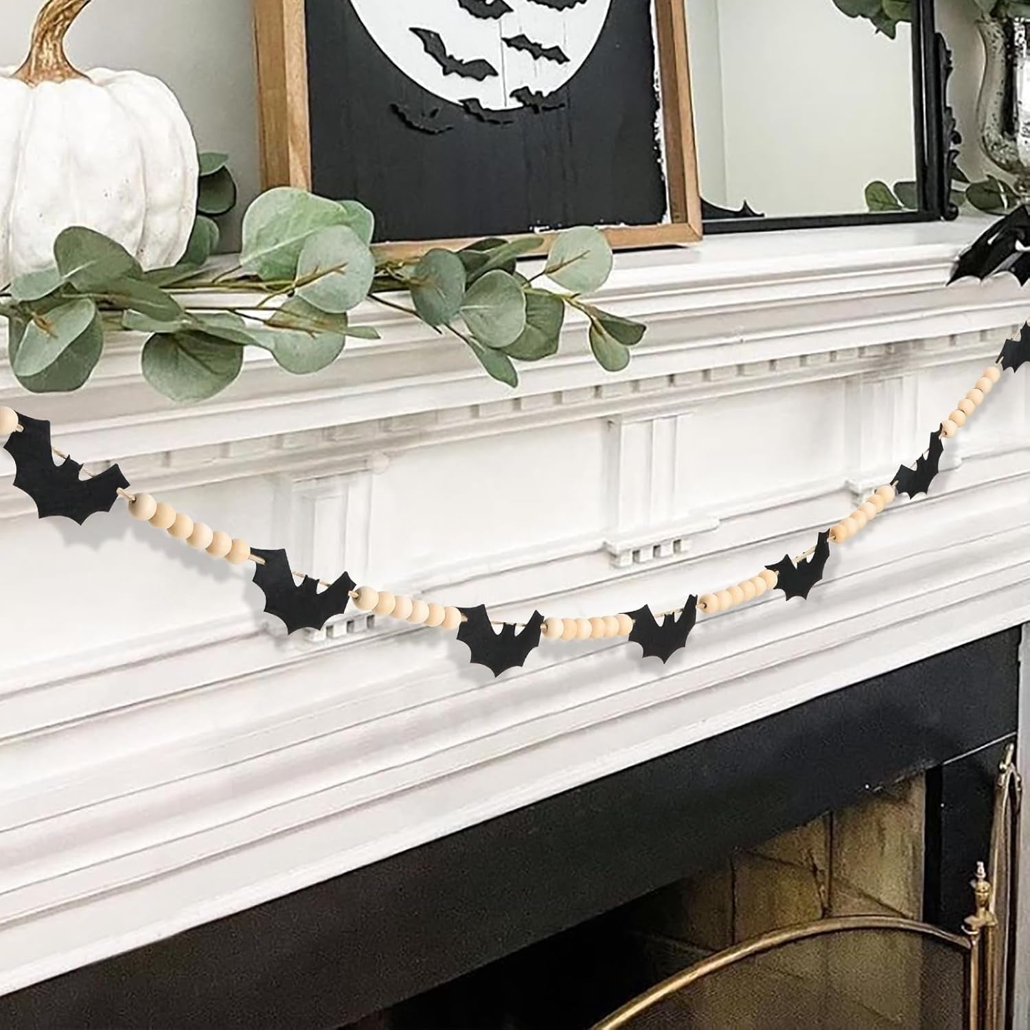 Halloween Decorations-Black Felt Bats Wood Beads Garland for Halloween Decorations Indoor- Farmhouse Felt Banner for Fireplace Mantel Walls