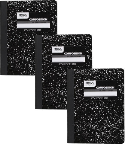 Composition Notebooks, 3 Pack, College Ruled Paper, 9-3/4" X 7-1/2", 100 Sheets per Comp Book, Black Marble ()