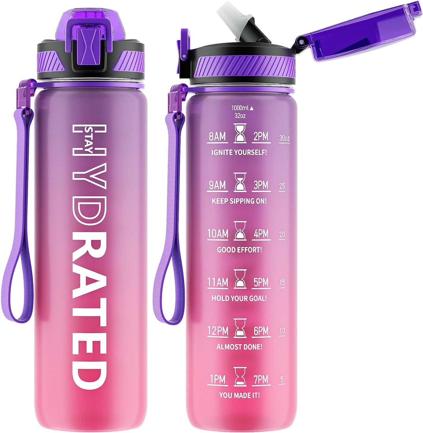 Water Bottle with Straw, 32 Oz Motivational Water Bottles with Time Marker to Drink, Tritan BPA Free, 1L Sports Water Bottle with Carry Strap Leakproof for Men Gym Fitness Outdoor (1 Pack)