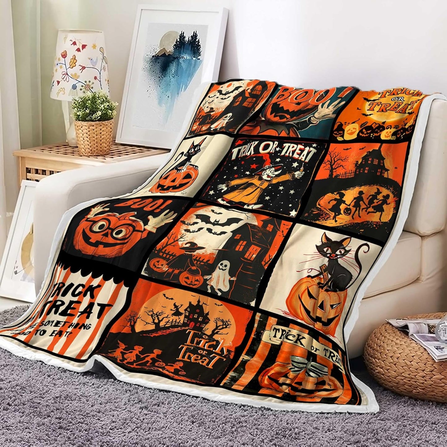 Halloween Throw Blanket, Fall Autumn Halloween Chic Treat or Trick Candy Gift for Kids Cozy Bed Couch Blanket, Soft Comfy Fleece Flannel Throws Blankets Livingroom Bedroom Decor