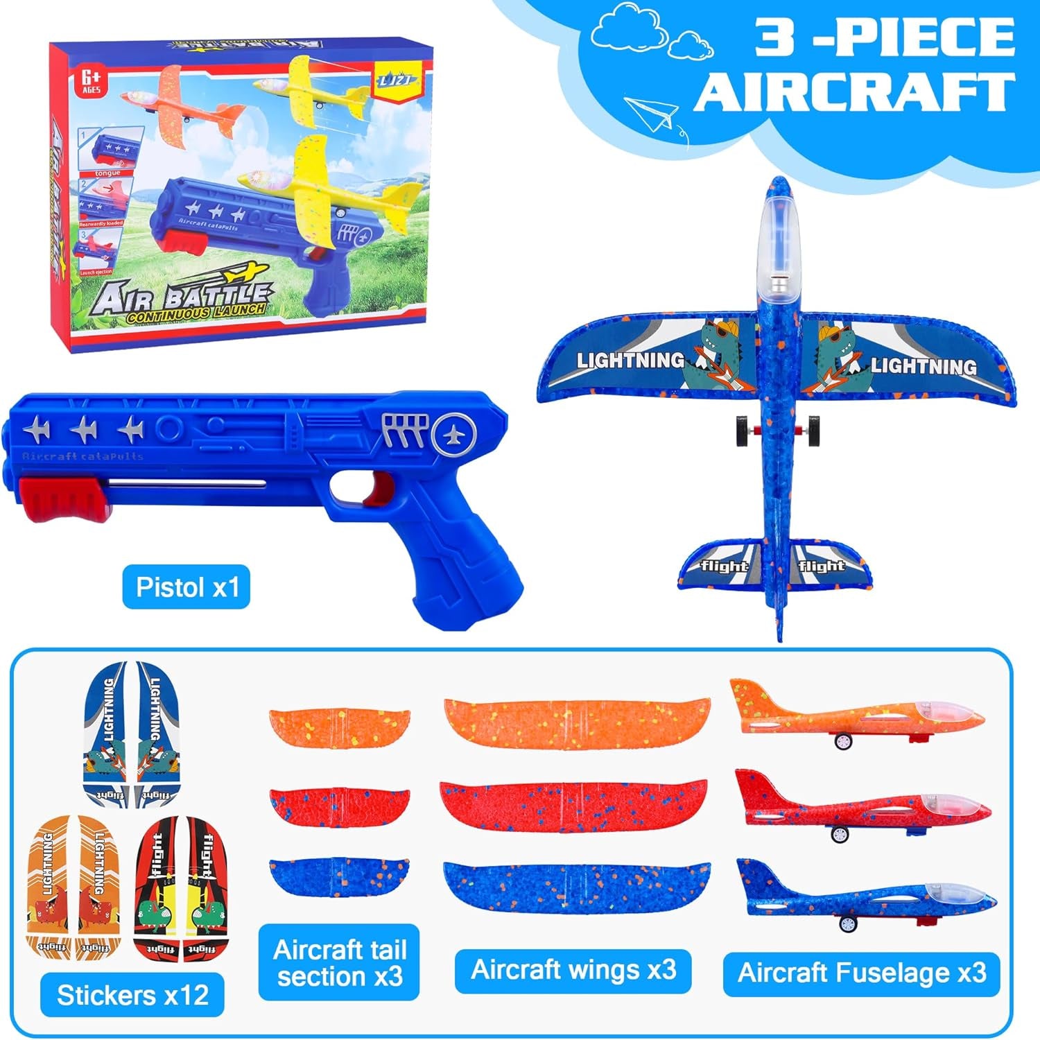 3 Pack Airplane Launcher Toys, 2 Flight Modes LED Foam Glider Catapult Plane, Outdoor Flying Toy for Kids, Birthday Gifts for Boy Girl 6+ Year Old, B-Day Party Supplies