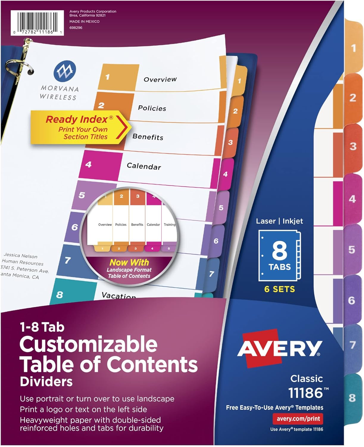 12 Tab Dividers for 3 Ring Binders, Customizable Table of Contents, Multicolor Tabs, 6 Sets (11196)