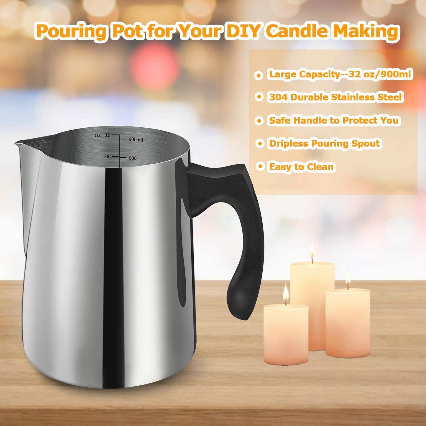 Candle Making Pouring Pot, 32Oz Double Boiler Wax Melting Pot, 304 Stainless Steel Candle Making Pitcher with Heat-Resistant Handle and Dripless Pouring Spout Design