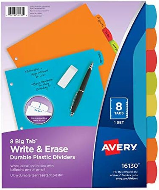 Big Tab Write & Erase Durable Plastic Dividers for 3 Ring Binders, 8-Tab Sets, Bright Multicolor, 24 Sets, 192 Divider Tabs (16130)